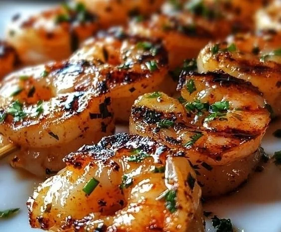 Delicious Garlic Parmesan Shrimp Skewers ready to grill for a tasty meal.