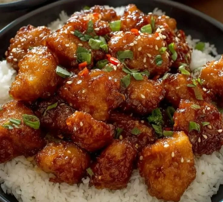 Plate of General Tso's Chicken garnished with sesame seeds and broccoli