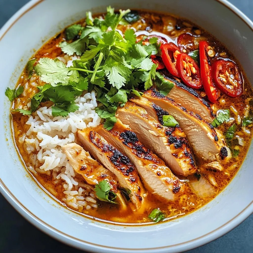 Bowl of Ginger & Chilli Chicken Brothy Rice with vibrant herbs and spices.