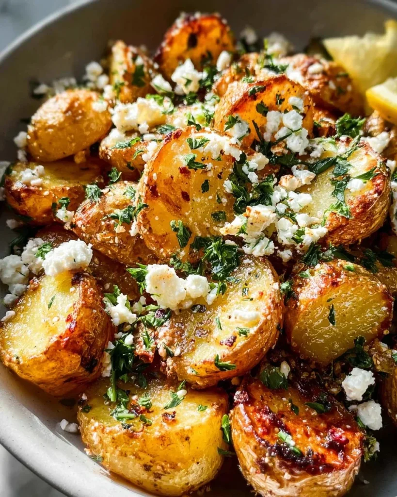 Delicious Greek roast potatoes with lemon and feta served in a dish