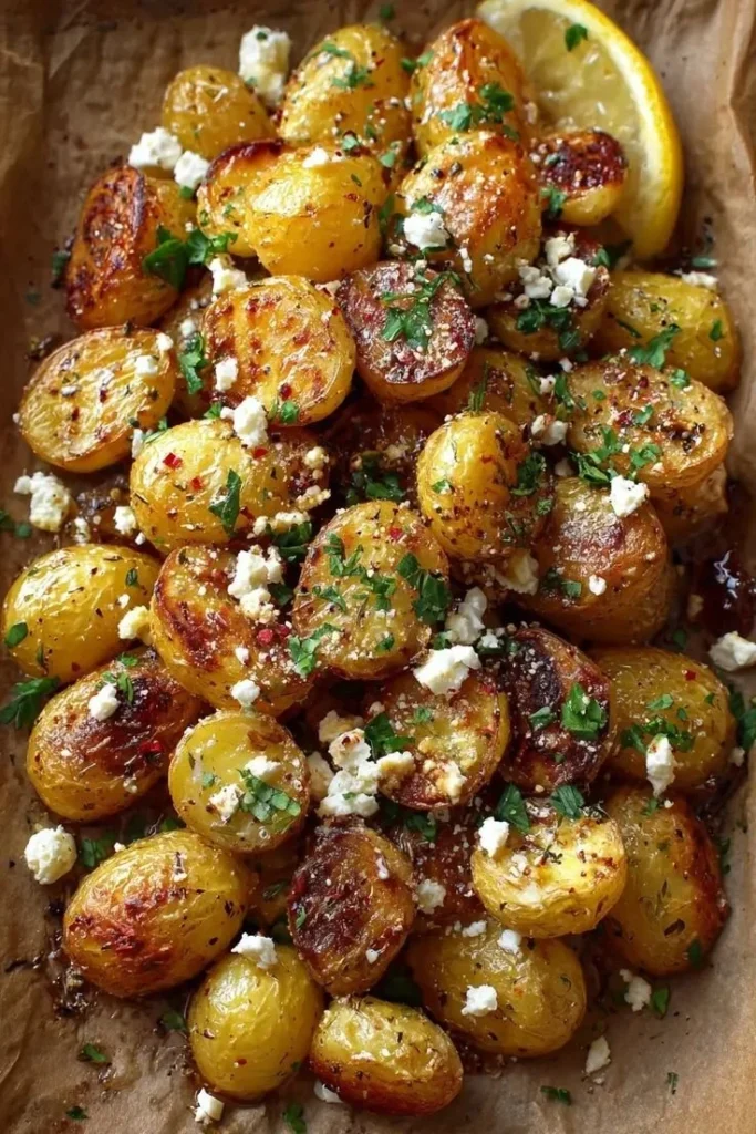 Delicious Greek roast potatoes with lemon and feta served on a plate