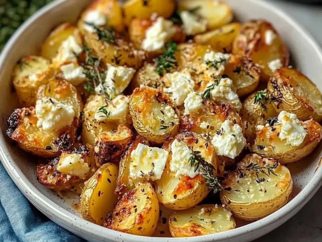 Healthy baked feta potatoes served with herbs and spices on a plate