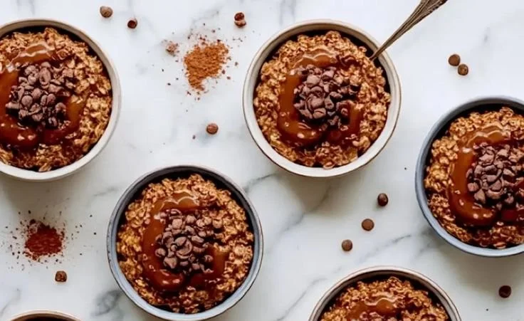 Delicious healthy brownie batter oatmeal topped with chocolate and nuts.
