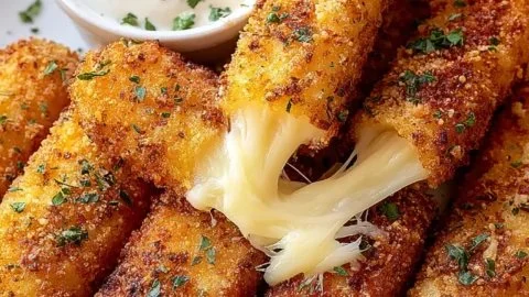 Healthy mozzarella sticks served with a dipping sauce on a plate