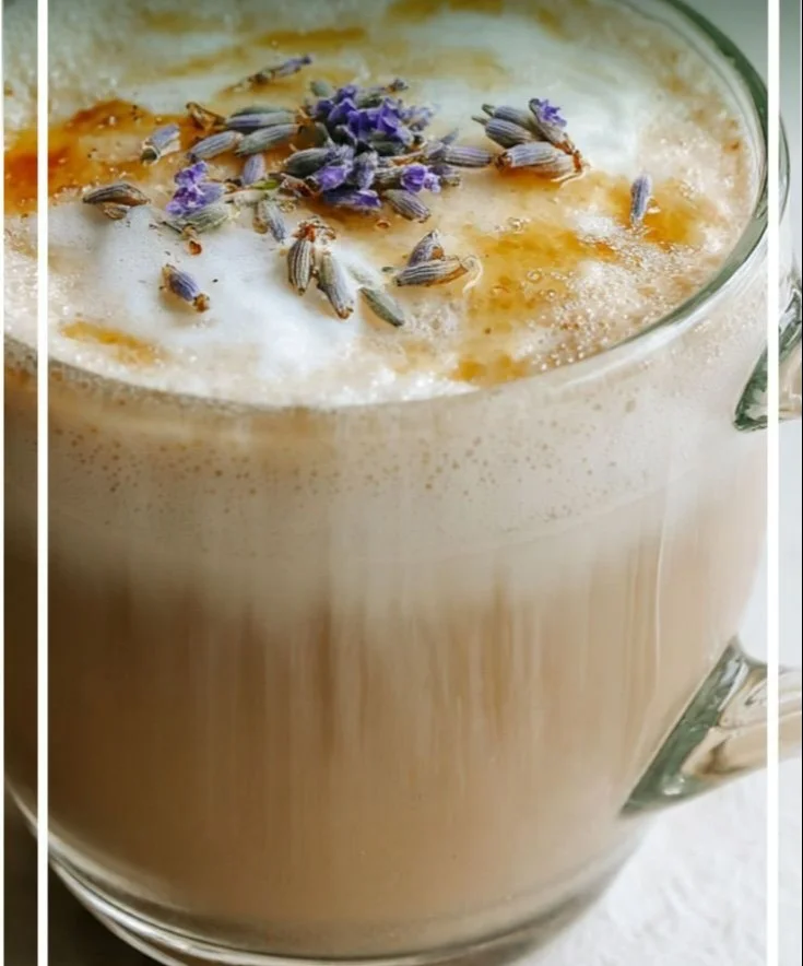 Delicious Honey Lavender Latte with lavender sprigs and honey drizzle.