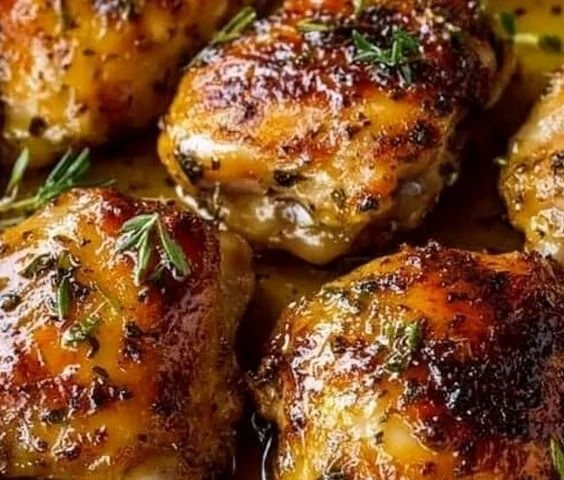 Honey mustard chicken thighs cooked to perfection with a golden glaze