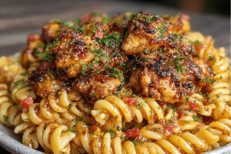 Delicious Honey Pepper Chicken Pasta garnished with fresh herbs.