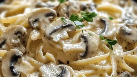Bowl of indulgent creamy mushroom pasta with garnished parsley