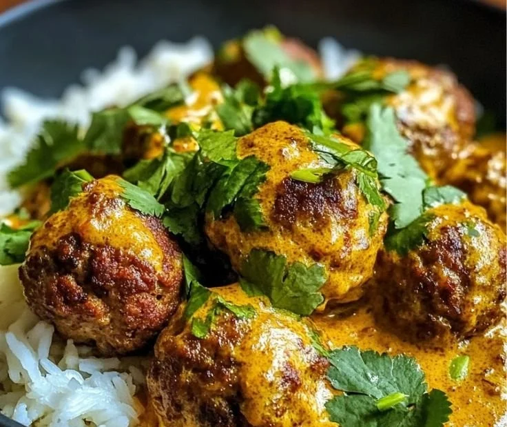 Delicious Jerk Meatballs served in creamy coconut curry sauce