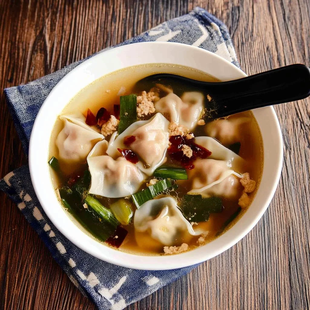 Bowl of Lazy Wonton Soup with dumplings and green onions