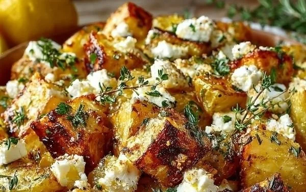 Delicious Lemon Feta Potato dish garnished with herbs