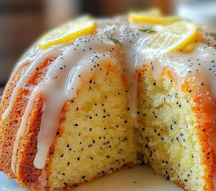 Lemon poppy seed cake topped with lemon glaze and poppy seeds on a white plate