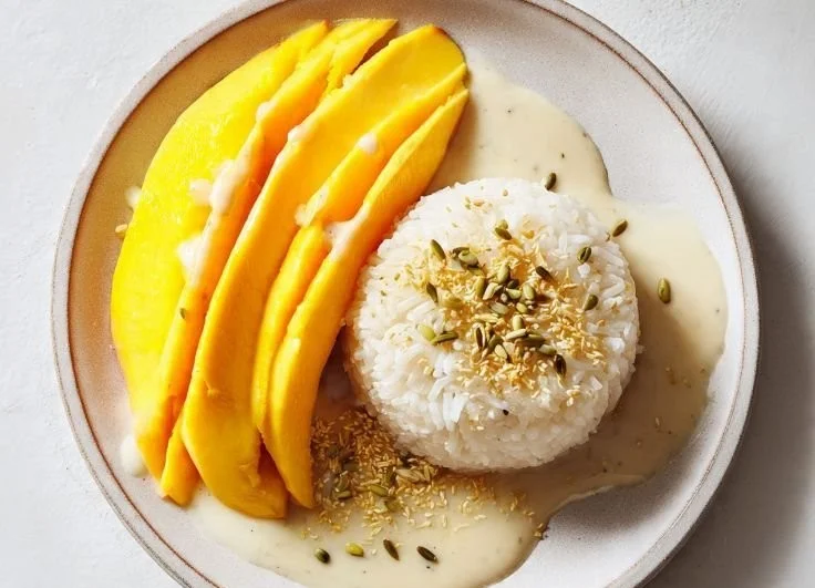 A delicious serving of mango sticky rice drizzled with coconut milk.