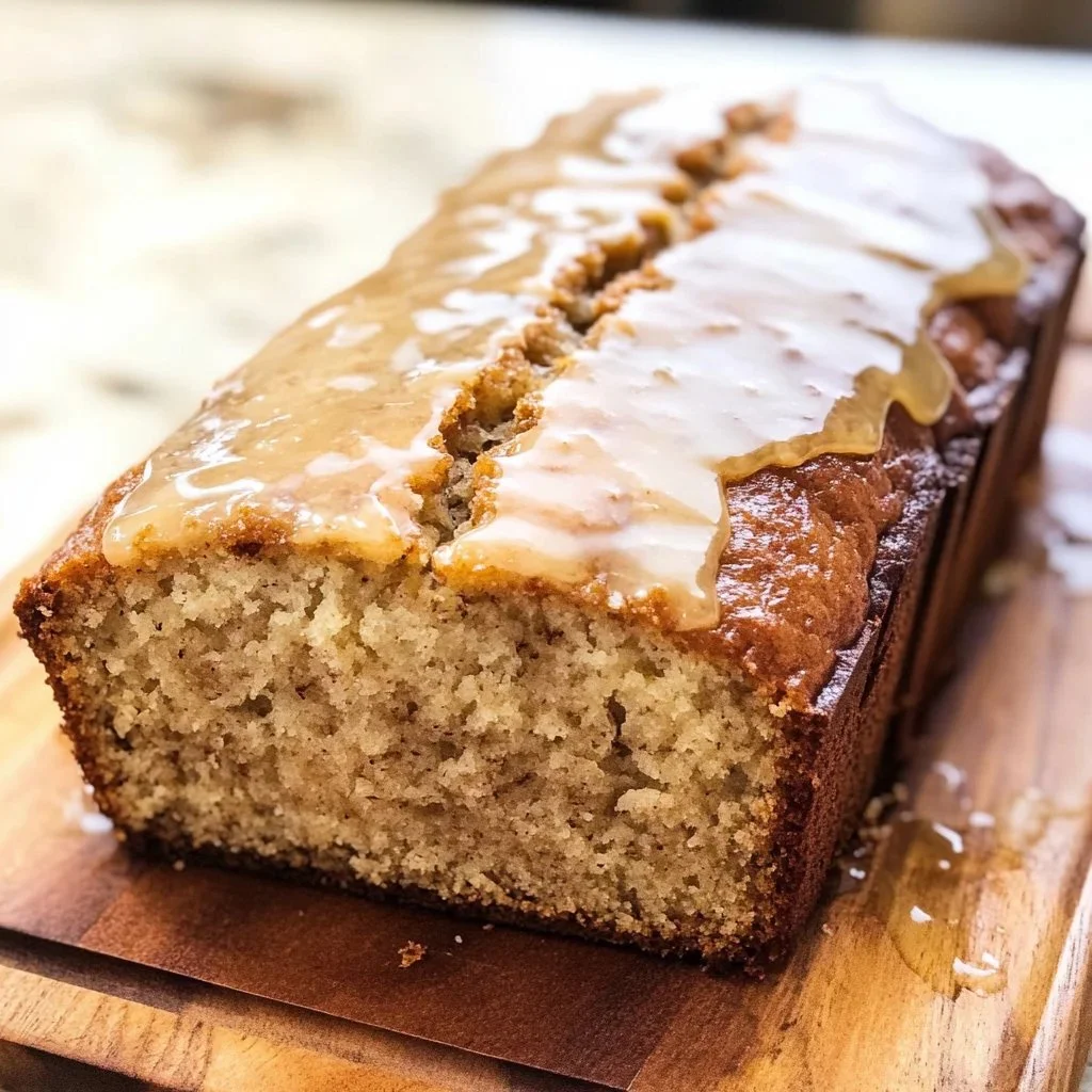 Maple glazed banana bread with slice removed, showcasing its moist texture.