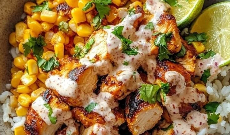 Mexican street corn chicken bowl featuring grilled chicken and fresh toppings