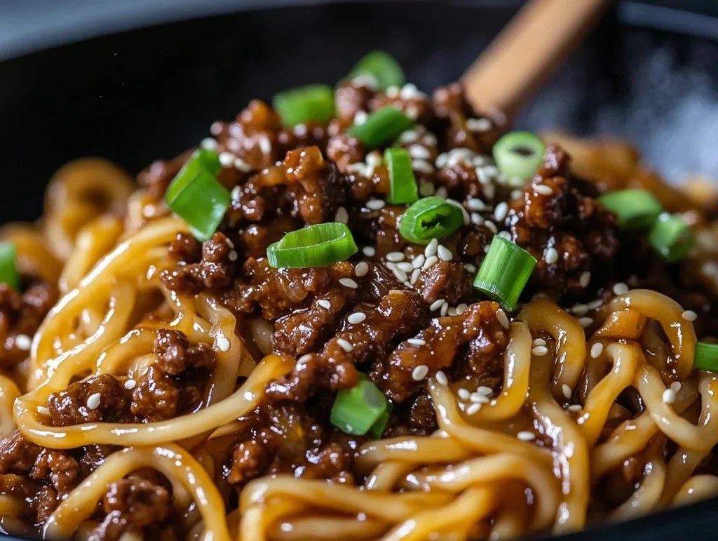 Delicious Mongolian Ground Beef Noodles served in a bowl