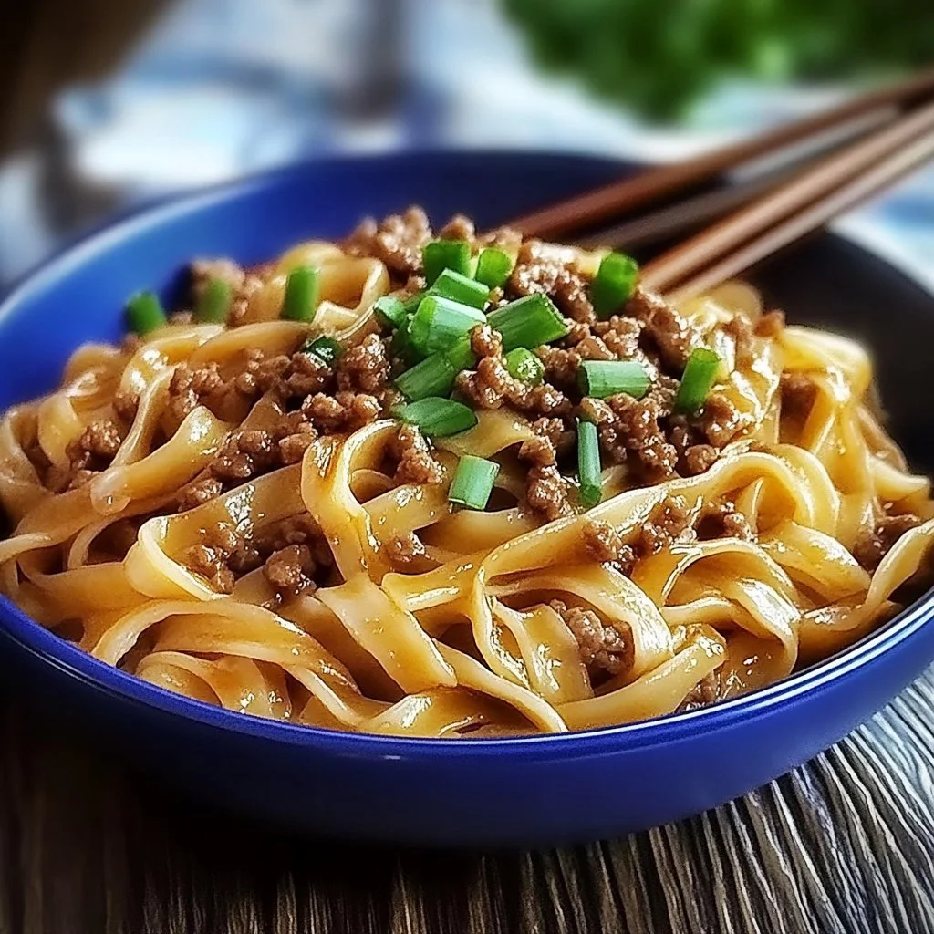 Plate of Mongolian ground beef noodles garnished with green onions