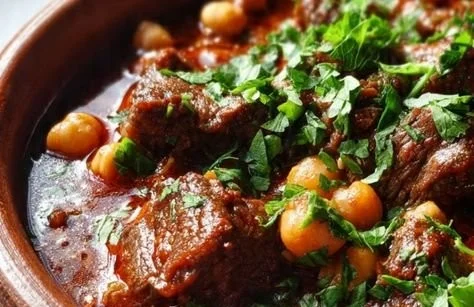 Bowl of Moroccan Spiced Beef Stew garnished with herbs and spices.