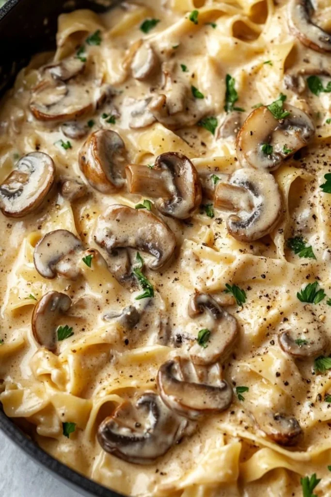 Creamy Mushroom Stroganoff Pasta served in a bowl