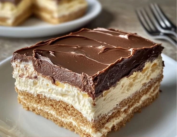 Delicious no-bake chocolate eclair cake layered with cream and chocolate