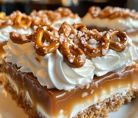 Delicious no-bake salted caramel pretzel bars topped with chocolate.