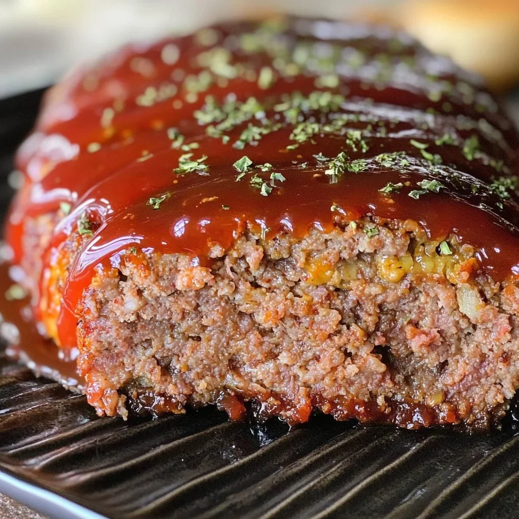 Delicious old fashioned meatloaf served on a plate with vegetables