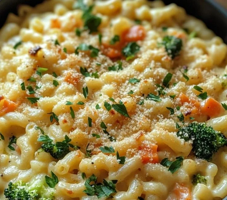 Bowl of creamy one pot veggie mac and cheese with fresh vegetables