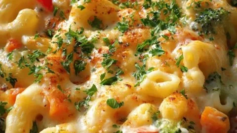 One Pot Veggie Mac and Cheese with colorful vegetables and creamy sauce