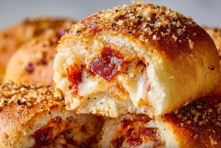 Pepperoni Pizza Hawaiian Rolls fresh out of the oven, topped with cheese and pepperoni.