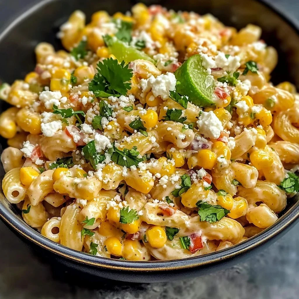 Perfect Mexican Street Corn Pasta Salad topped with fresh herbs and spices