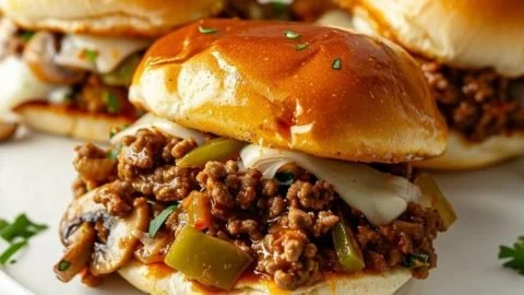 Philly Cheesesteak Sloppy Joes with melted cheese and beef on a bun