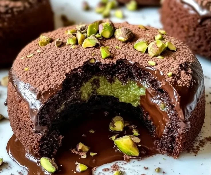 Delicious pistachio chocolate lava cakes with melted chocolate center
