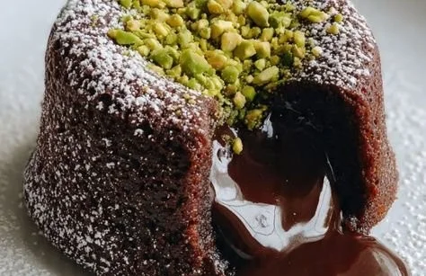 Delicious Pistachio Chocolate Lava Cakes ready to be served, showcasing melted chocolate and pistachio topping.