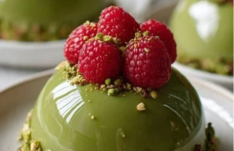 Pistachio raspberry cheesecake domes plated elegantly with garnishes