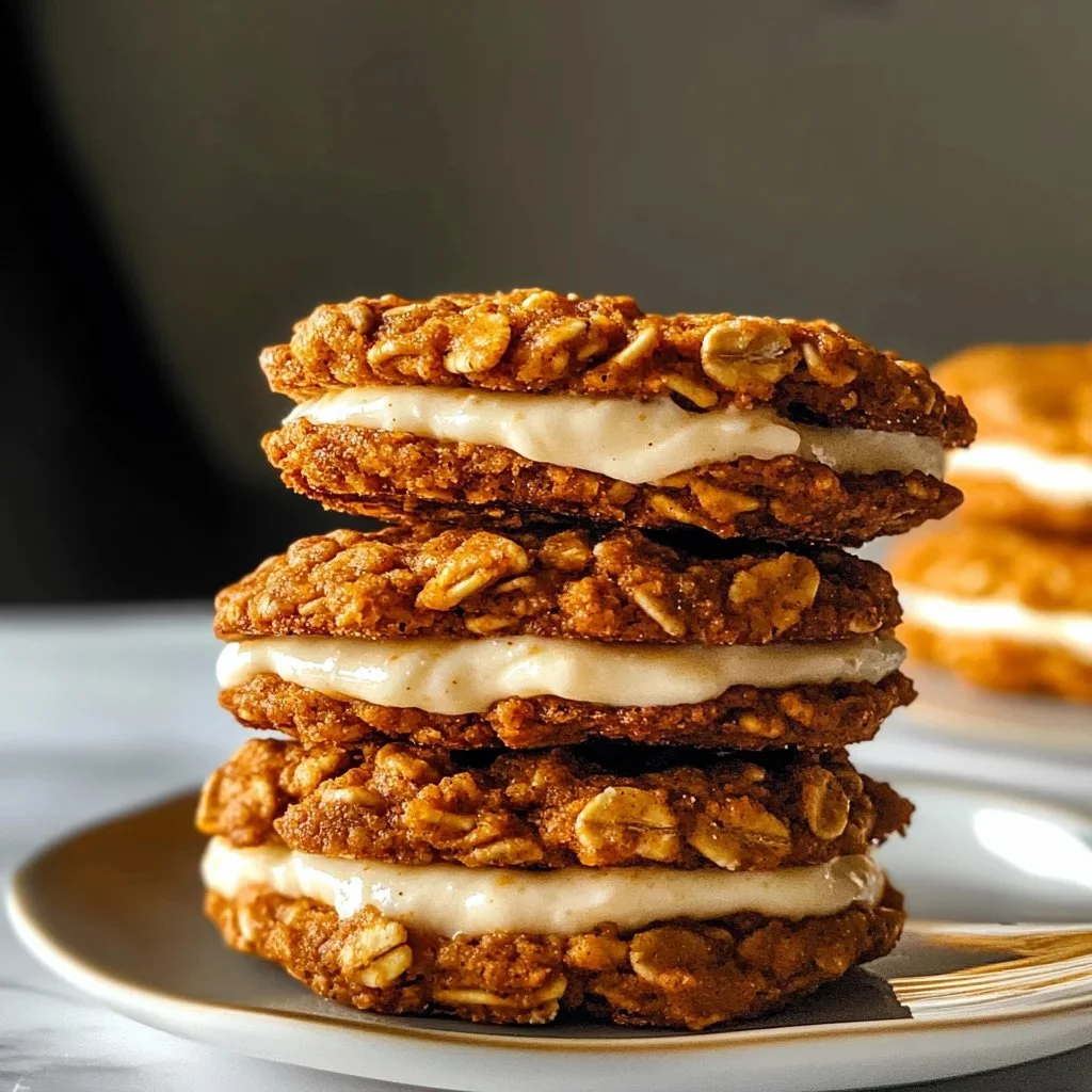 Delicious Pumpkin Oatmeal Cream Pies on a wooden table with autumn leaves