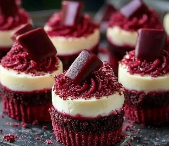 Delicious red velvet mini cheesecakes topped with cream cheese frosting