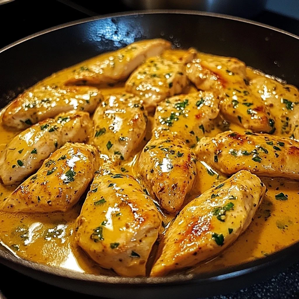 Skillet of Texas Roadhouse Style Garlic Butter Chicken with herbs and spices