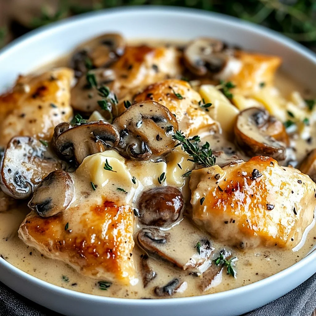 Savory chicken served with creamy Asiago mushroom sauce