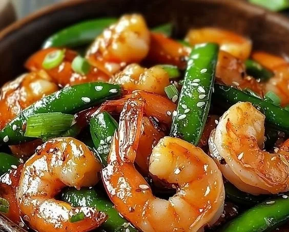 Shrimp and snow pea stir-fry dish garnished and served in a bowl
