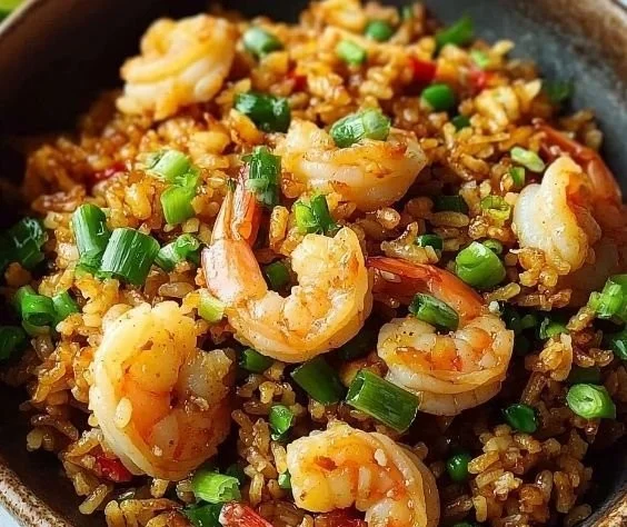 Delicious shrimp fried rice dish served in a bowl with vegetables and shrimp