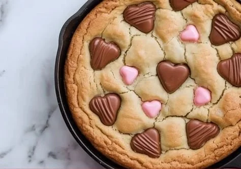 Delicious skillet chocolate chip cookie freshly baked and served warm.