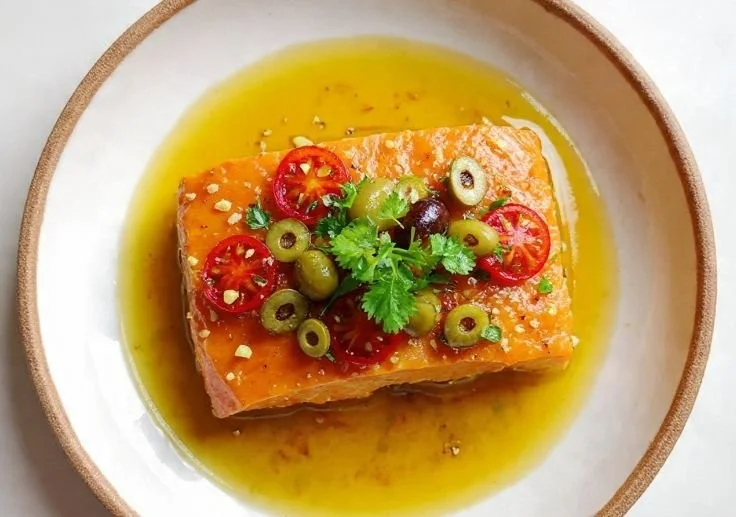 Plate of slow-roasted salmon with garlicky tomatoes, olives, and fresh herbs