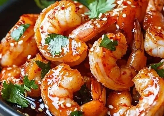 Spicy Sriracha Honey Shrimp served on a plate with garnish