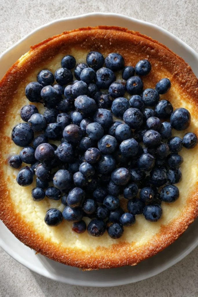 St. Louis-style cheesecake with blueberries on a white plate