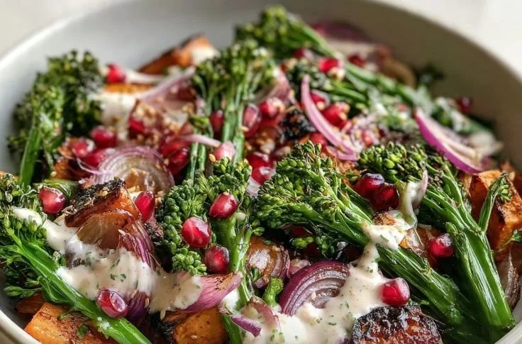 Stir-fried broccolini served in a bowl topped with garlic and sesame seeds.