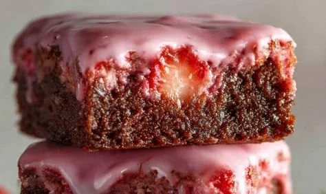 Delicious strawberry brownies topped with fresh strawberries and chocolate drizzle