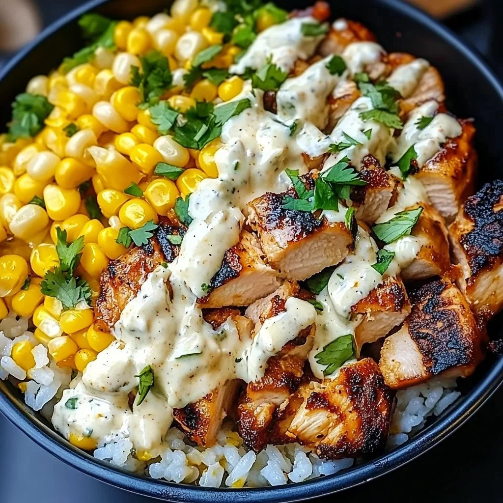 Delicious Street Corn Chicken Rice Bowl with spices and fresh ingredients