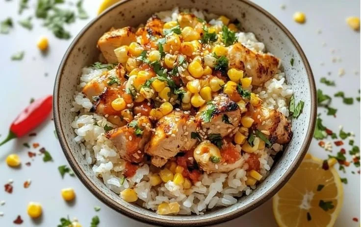 Delicious Street Corn Chicken Rice Bowl topped with spices and fresh ingredients