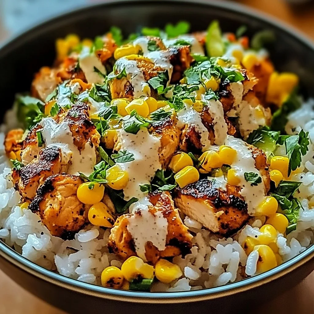 Delicious Street Corn Chicken Rice Bowl topped with fresh ingredients