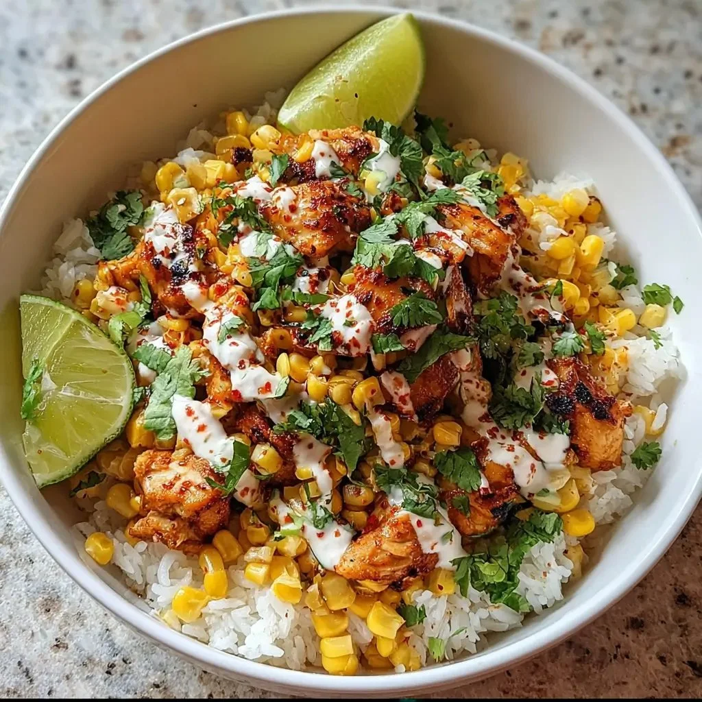 Delicious street corn chicken rice bowl with fresh ingredients and vibrant colors